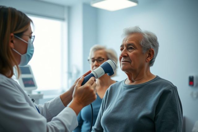 Healthcare setting: A doctor in a mask examines an elderly patient with a medical device. Focus on lung health assessment. Blue and white tones. Clinical environment, medical checkup, senior care, respiratory health.
