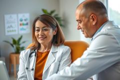 Doctors in white coats consult in a bright office setting. Focus on healthcare, consultation, and medical professionals. Warm colors and a welcoming atmosphere.