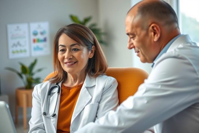 Doctors in white coats consult in a bright office setting. Focus on healthcare, consultation, and medical professionals. Warm colors and a welcoming atmosphere.