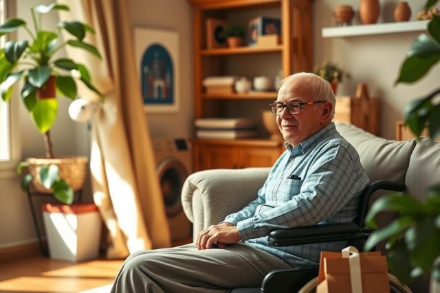 A smiling elderly man with glasses sitting in a wheelchair in his living room, looking at presents on the table beside him. The room is well lit with a window in the background and various household items like books and plants.