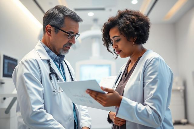 Two doctors, one male and one female, in white coats examine medical documents in a modern, brightly lit hospital setting. The image depicts a healthcare consultation and teamwork, featuring a focus on medical professionals and diagnostic review.