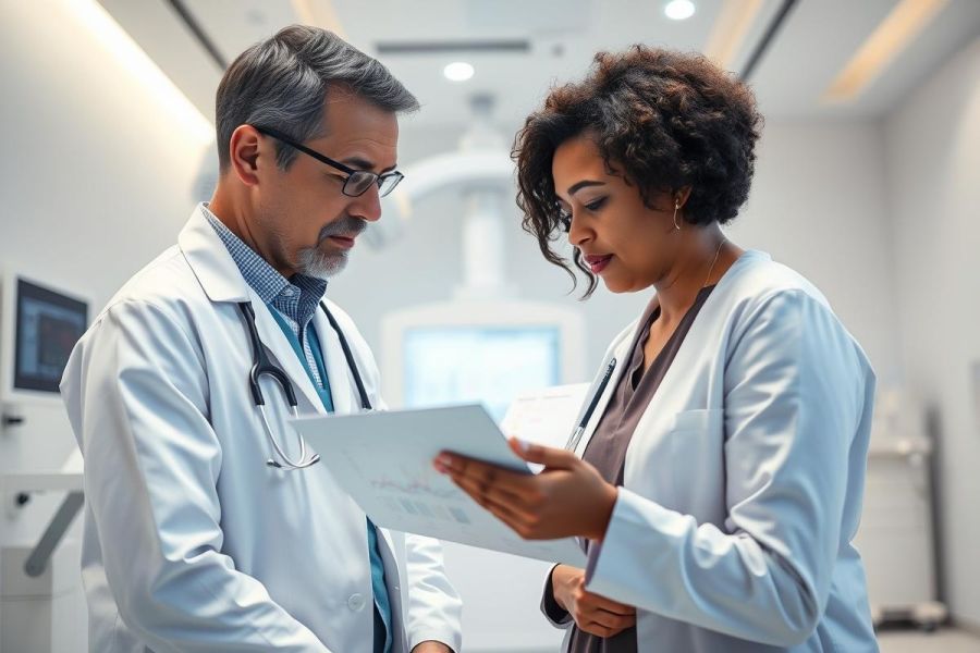 Two doctors, one male and one female, in white coats examine medical documents in a modern, brightly lit hospital setting. The image depicts a healthcare consultation and teamwork, featuring a focus on medical professionals and diagnostic review.