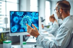 Scientist examining a virus image on a computer screen in a lab. Research, biotechnology, medical diagnostics, and scientific analysis are evident in the modern setting.