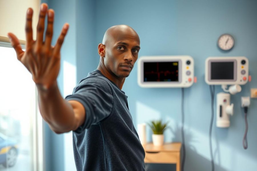 Man in a blue t-shirt gestures with his hand in a medical setting. The room features medical equipment and a window, creating a healthcare environment.