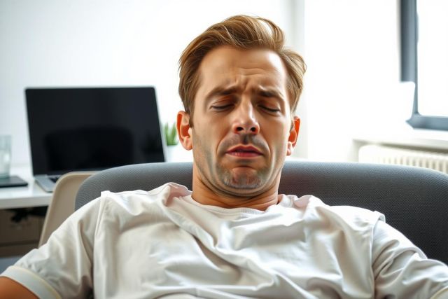 Man sitting in chair looking down, appearing sad or contemplative. Neutral background with office elements visible. Focus on facial expression and posture. Simple, muted tones.