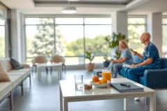Two people relax in a modern, brightly lit living room. The space features comfortable seating, a coffee table with fruit, and a calming atmosphere.
