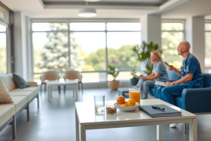 Two people relax in a modern, brightly lit living room. The space features comfortable seating, a coffee table with fruit, and a calming atmosphere.