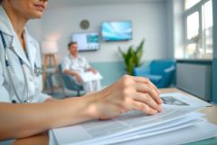 Healthcare professional reviewing patient documents in a modern office setting. The image shows a doctor or nurse examining files, with a calming blue and green color palette. Focus on medical consultation and patient care.