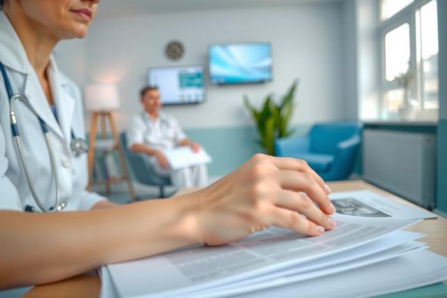 Healthcare professional reviewing patient documents in a modern office setting. The image shows a doctor or nurse examining files, with a calming blue and green color palette. Focus on medical consultation and patient care.