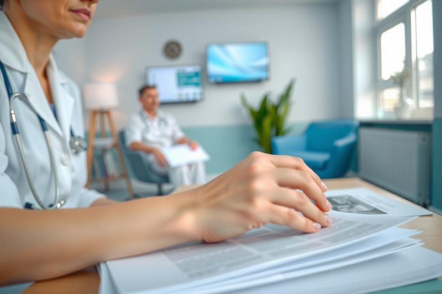 Healthcare professional reviewing patient documents in a modern office setting. The image shows a doctor or nurse examining files, with a calming blue and green color palette. Focus on medical consultation and patient care.