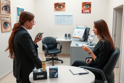 The image shows an office environment with two women engaged in a discussion. The woman on the right, dressed in black, is seated at a desk with various medical supplies and a computer monitor. The woman standing on the left, wearing business attire, holds a clipboard, suggesting she may be providing information or instructions related to the healthcare office setting. They are both facing each other across the desk, indicating an interactive conversation.