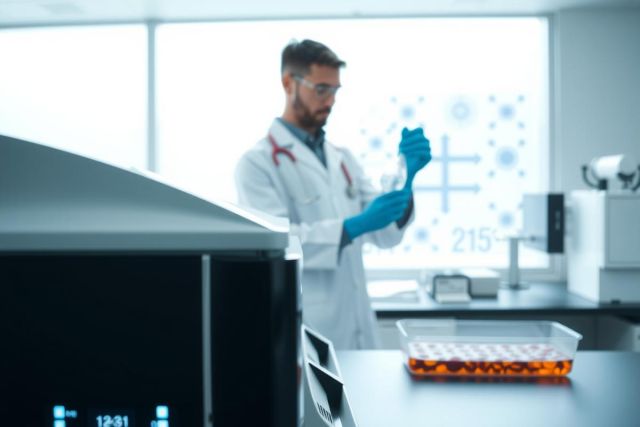 Scientist in a lab coat and gloves examines samples in a tray. Research environment with bright lighting and modern equipment. Focus on analysis and scientific discovery.