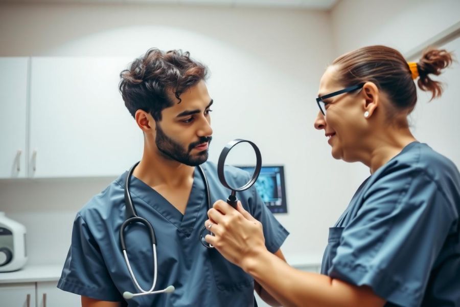 Doctor examining a patient, wearing scrubs and a stethoscope. Medical professional in a clinic setting, looking at chest area. Blue scrubs, clinical environment, healthcare focus.