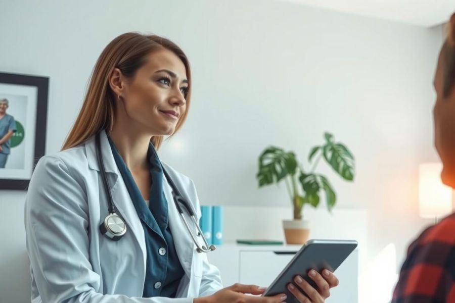 Doctor consulting with a patient in a medical office. She wears a white coat and stethoscope, holding a tablet. The scene showcases a healthcare professional's interaction with a patient.