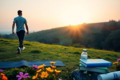 The image captures a serene moment of solitude in nature. A person is seen walking away from a yoga mat on the grass, likely after an early morning or evening session. The sun is low in the sky, suggesting it's dawn or dusk. 