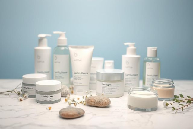 Product shot of Lumira skincare collection. White and silver containers featuring creams, lotions, and cleansers are arranged on a marble surface. Soft blue background creates a clean, spa-like aesthetic. Focus on natural beauty and luxurious skincare products.