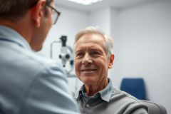 Senior man smiling during an eye exam. A doctor in a blue shirt is visible in the background of the bright, clinical setting. Focus on eye care, health, and patient consultation.