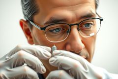 Close-up of a scientist or doctor wearing glasses and gloves, holding a syringe. Focus on the hands and face, suggesting research, healthcare, or lab work. Neutral background.