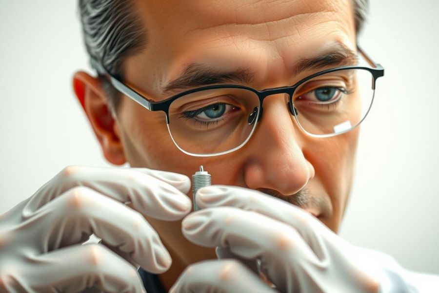 Close-up of a scientist or doctor wearing glasses and gloves, holding a syringe. Focus on the hands and face, suggesting research, healthcare, or lab work. Neutral background.