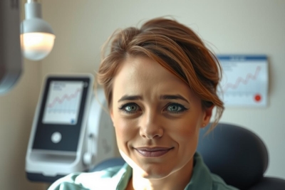 In the image, a woman is seated in what appears to be a dental or medical examination chair. She has her hands clasped together on her lap and is looking slightly away from the camera with an expression that could indicate concern or focus. 