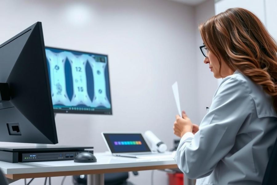 Woman in office examining data on a screen, focusing on charts and graphs. Modern workspace with computer and laptop. Data analysis and business concept.