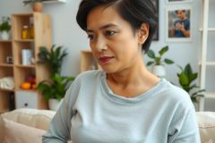 The image shows a woman sitting in what appears to be a modern, cozy living room. She is wearing a casual gray sweater and her expression is one of slight concern or worry as she gazes off to the side. 