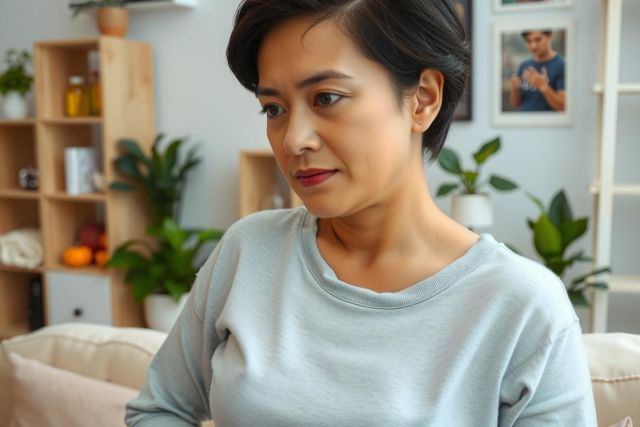 The image shows a woman sitting in what appears to be a modern, cozy living room. She is wearing a casual gray sweater and her expression is one of slight concern or worry as she gazes off to the side. 