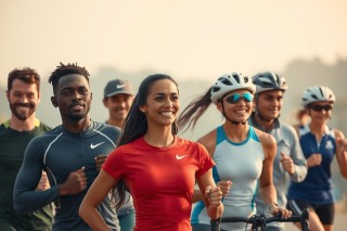The image shows a group of people participating in a fitness activity, likely a run or cycling event. They are wearing athletic clothing and some have bicycles.