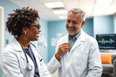 Two smiling doctors in white coats converse in a modern hospital hallway. The scene features a blue accent wall and a medical monitor in the background, conveying a healthcare and teamwork theme. Diverse professionals, medical setting.