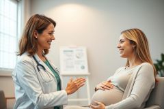 A smiling doctor in a white coat consults with a pregnant woman in a bright, modern office. Focus on prenatal care and maternal health. Warm, natural lighting and a positive atmosphere.