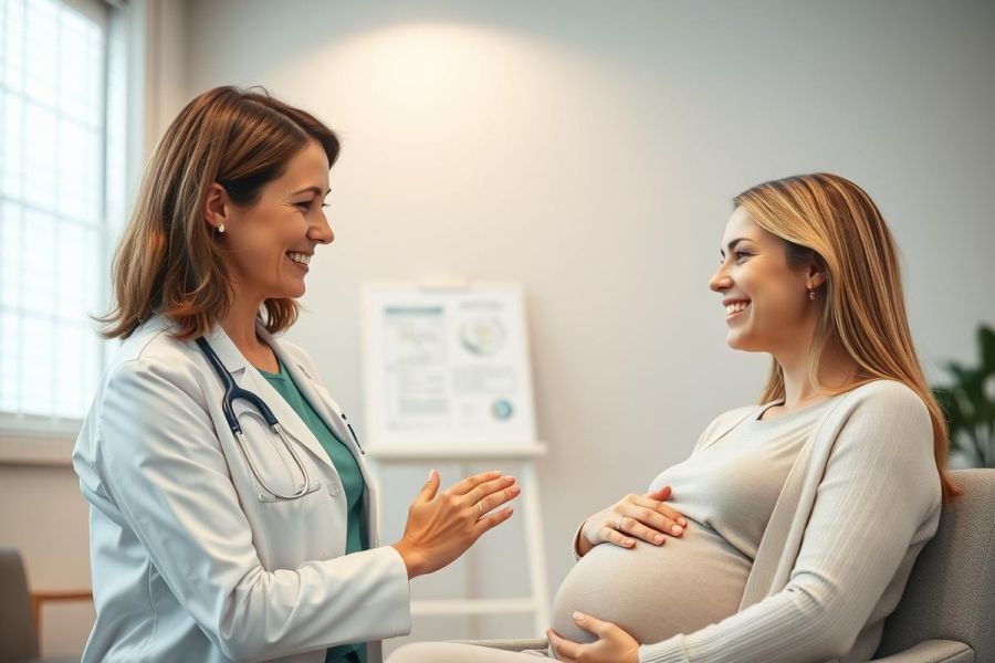 A smiling doctor in a white coat consults with a pregnant woman in a bright, modern office. Focus on prenatal care and maternal health. Warm, natural lighting and a positive atmosphere.