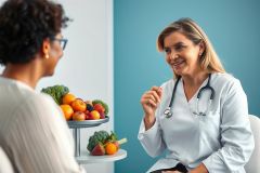 Doctor consults with patient about healthy eating. Image shows a female doctor in a white coat, stethoscope, and a patient surrounded by fresh fruits and vegetables in a bright medical office setting. Focus on wellness and nutrition.