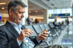 A mature man in a suit sits in an airport waiting area, taking a pill with water. The scene features neutral colors, blurred background with other travelers, and conveys a sense of travel and health. Airport, business travel, medication.