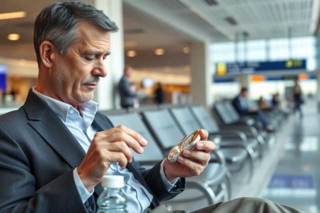 A mature man in a suit sits in an airport waiting area, taking a pill with water. The scene features neutral colors, blurred background with other travelers, and conveys a sense of travel and health. Airport, business travel, medication.
