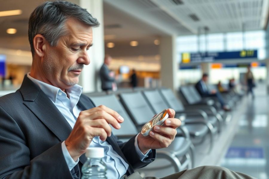 A mature man in a suit sits in an airport waiting area, taking a pill with water. The scene features neutral colors, blurred background with other travelers, and conveys a sense of travel and health. Airport, business travel, medication.