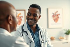 A smiling Black doctor in a white coat and stethoscope consults with a patient in a bright, modern clinic. Heart anatomy posters are visible in the background, suggesting a focus on cardiology or general healthcare. Image depicts medical consultation and patient care.