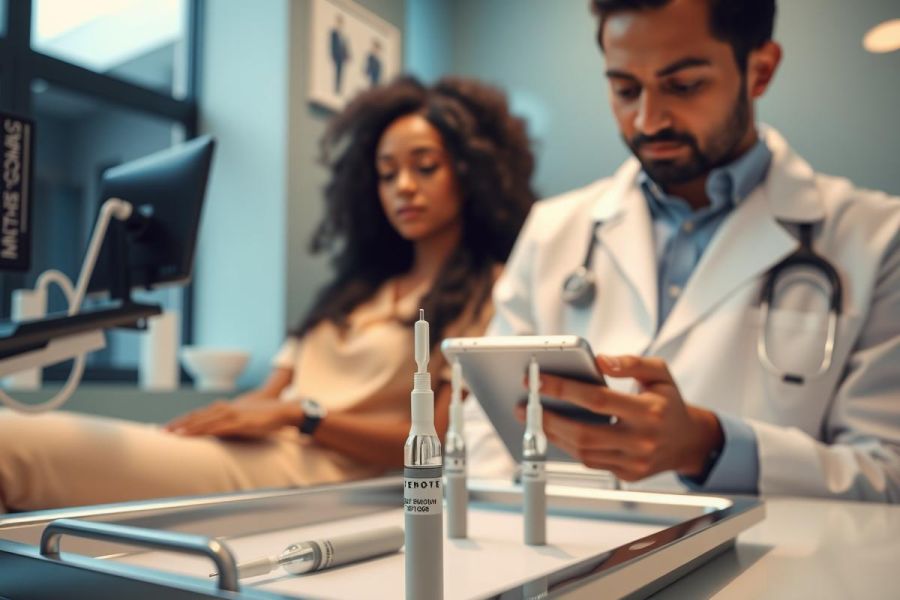 Doctor examining lab vials and tablet in a medical setting. Focus on healthcare, pharmaceuticals, and clinical analysis. Clean environment, professional setting.
