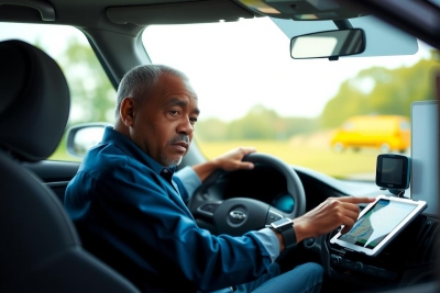 The image shows a man sitting in the driver's seat of a car. He is wearing a dark-colored shirt and appears focused on driving. In his hands, he holds a tablet, suggesting that he might be using it for navigation or entertainment purposes while driving.