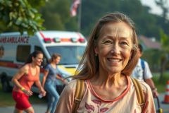 An older woman with a cheerful smile, wearing a backpack. She is walking alongside an Ambulance with its lights on, suggesting a medical emergency or incident that the ambulance has been called for.