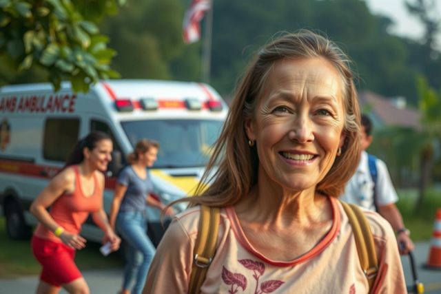 An older woman with a cheerful smile, wearing a backpack. She is walking alongside an Ambulance with its lights on, suggesting a medical emergency or incident that the ambulance has been called for.