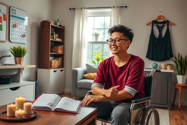In the image, a young man with a smile on his face is sitting in a wheelchair inside a modern home. He is holding an open book, possibly reading or studying.