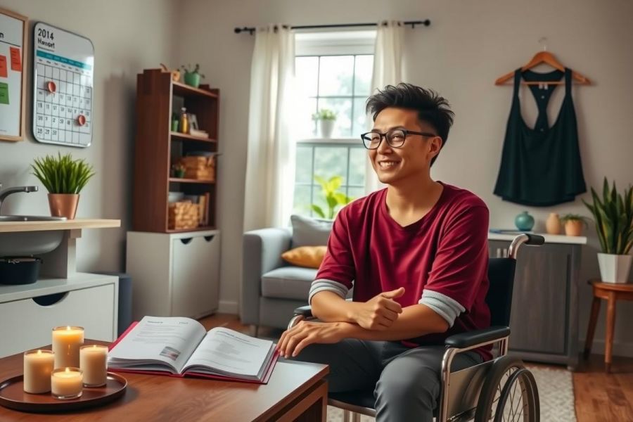 In the image, a young man with a smile on his face is sitting in a wheelchair inside a modern home. He is holding an open book, possibly reading or studying.