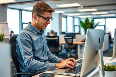 The image features a young man in an office environment, dressed in business casual attire. He is seated at a desk and appears to be using a laptop for work purposes.