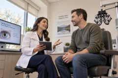 Ophthalmologist consulting a middle-aged patient in an exam room with eye-testing equipment.