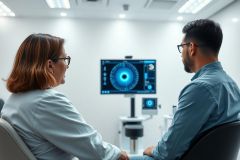 Eye exam in a modern clinic. A man and woman sit facing a screen displaying an eye scan, likely during an optometry appointment. The scene features neutral colors and a clean, professional medical environment, highlighting eye health and vision care.