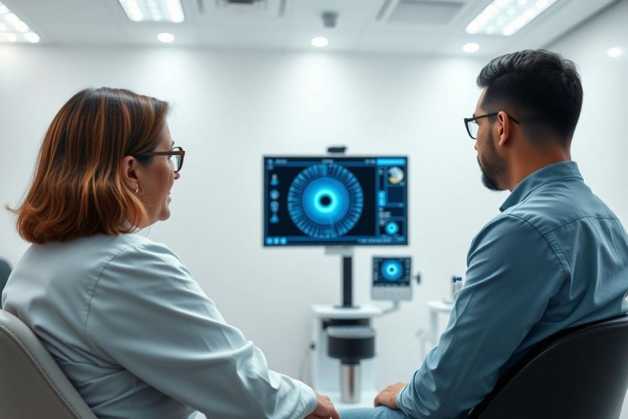 Eye exam in a modern clinic. A man and woman sit facing a screen displaying an eye scan, likely during an optometry appointment. The scene features neutral colors and a clean, professional medical environment, highlighting eye health and vision care.