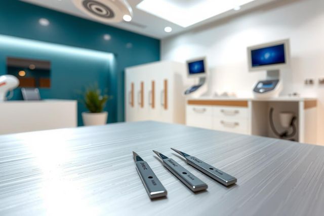 Surgical instruments laid on a bright, clean medical surface. Stainless steel tools are in focus against a blue-toned background with equipment visible in the blurred background. A focus on precision and hygiene.