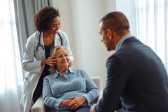 Doctor examines patient during consultation. Healthcare professional in white coat checks a woman's health, seated in a brightly lit room. Focus on medical care and patient interaction.