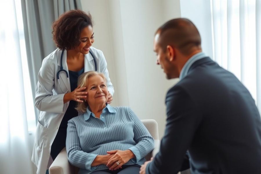 Doctor examines patient during consultation. Healthcare professional in white coat checks a woman's health, seated in a brightly lit room. Focus on medical care and patient interaction.