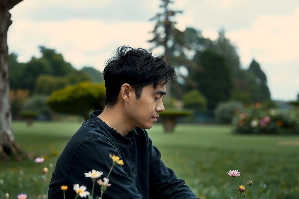 The image shows a man seated in what appears to be a garden or park. He has short hair and is wearing a black top with lighter color accents, suggesting a casual outfit. The background features greenery and flowers, indicating an environment of nature. The man's posture is relaxed, with his hands resting on his knees, contributing to the peaceful ambiance of the scene.